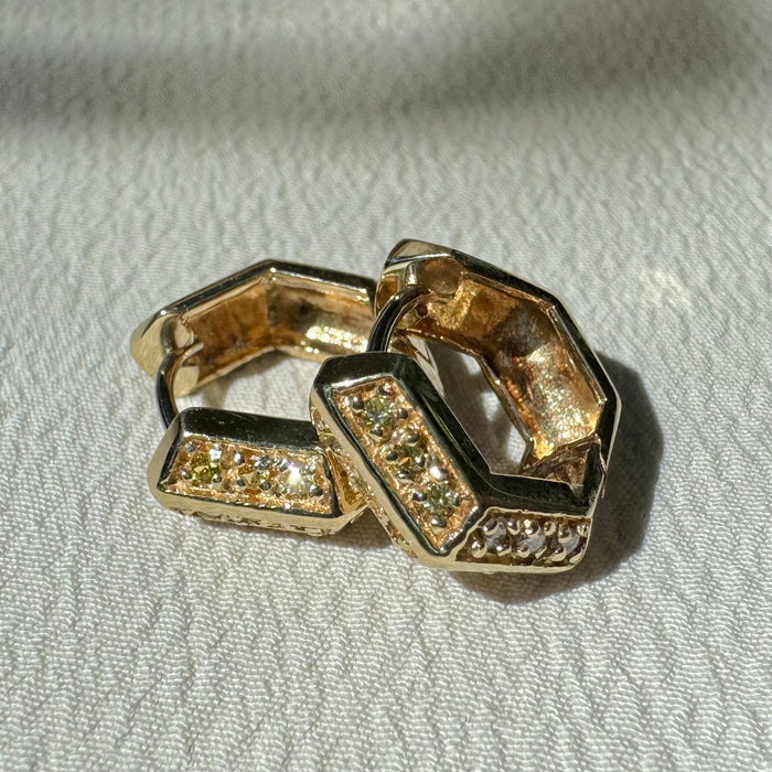 14k Yellow and White Sapphire Hex Huggies