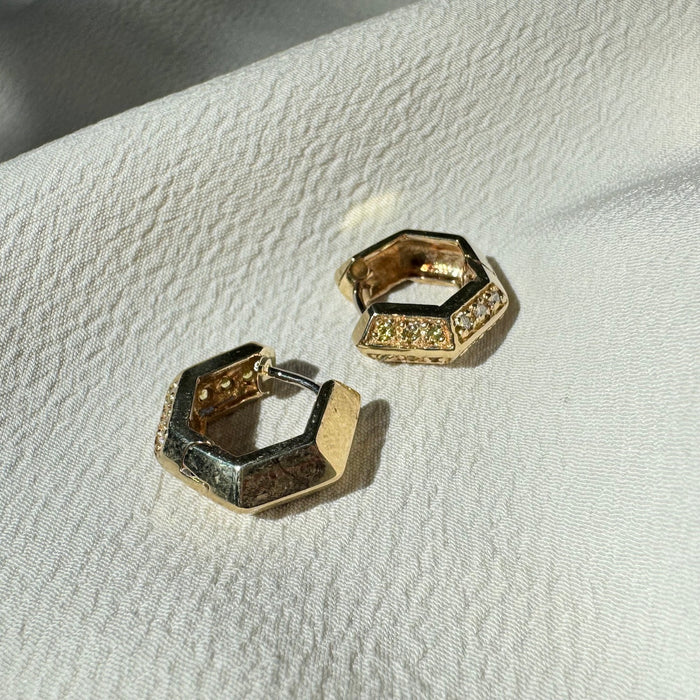14k Yellow and White Sapphire Hex Huggies