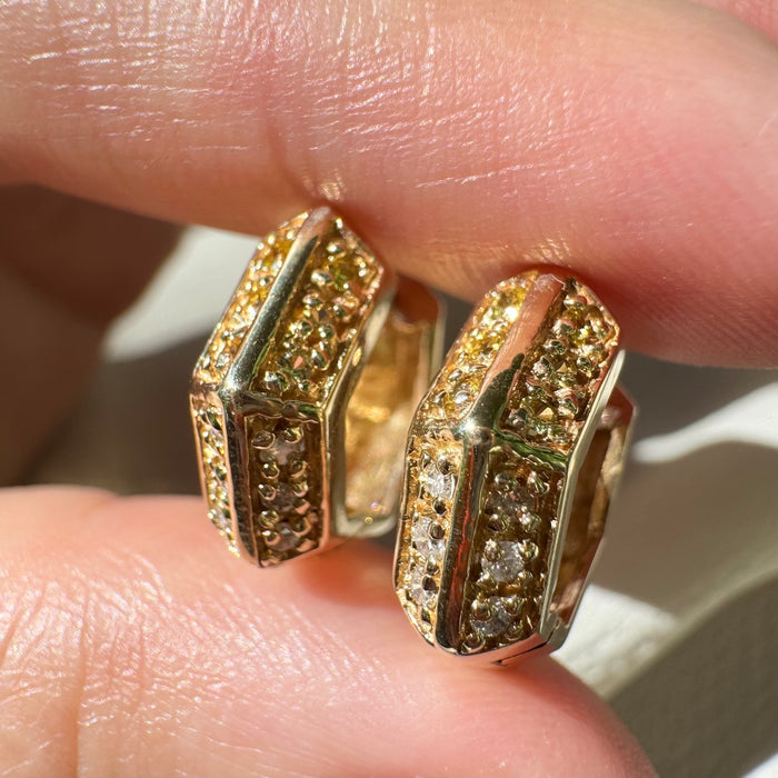 14k Yellow and White Sapphire Hex Huggies