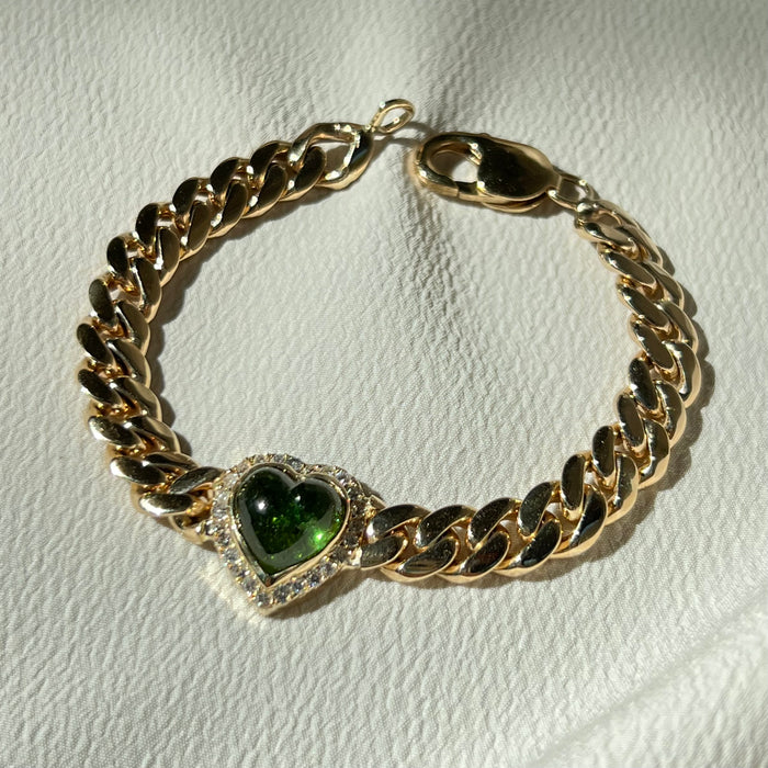 14k Custom Diamond and Tourmaline Heart Curb Bracelet