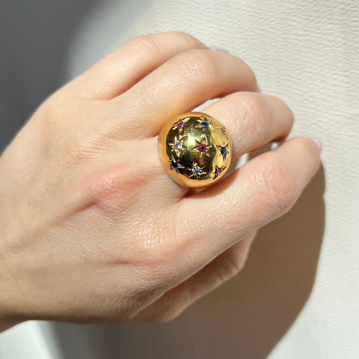 Vintage 18k Ruby, Diamond, and Sapphire Bombé Ring