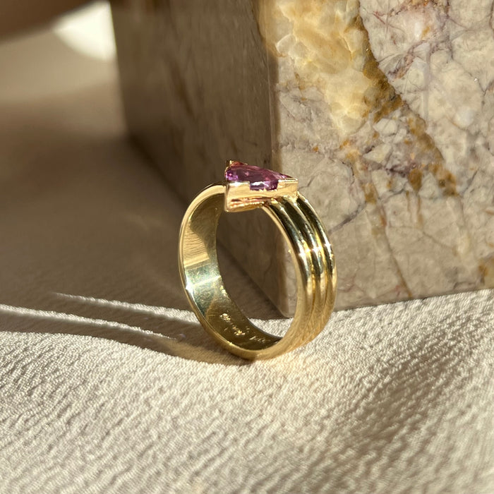 Custom 14k Fuchsia Sapphire Trillion Banded Ring