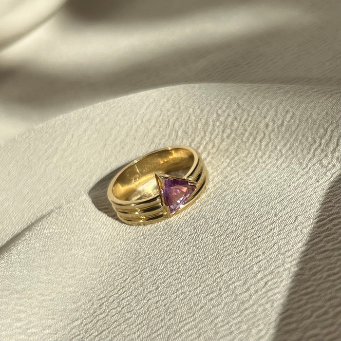 Custom 14k Fuchsia Sapphire Trillion Banded Ring
