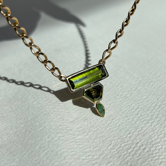 Bespoke 14k Tourmaline and Green Diamond Necklace