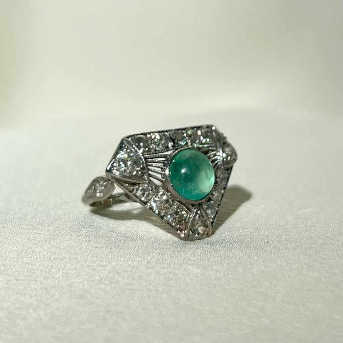 Platinum Art Deco Era Diamond and Emerald Ring