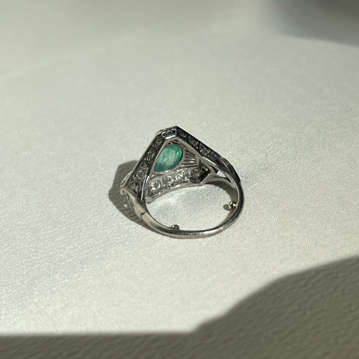 Platinum Art Deco Era Diamond and Emerald Ring