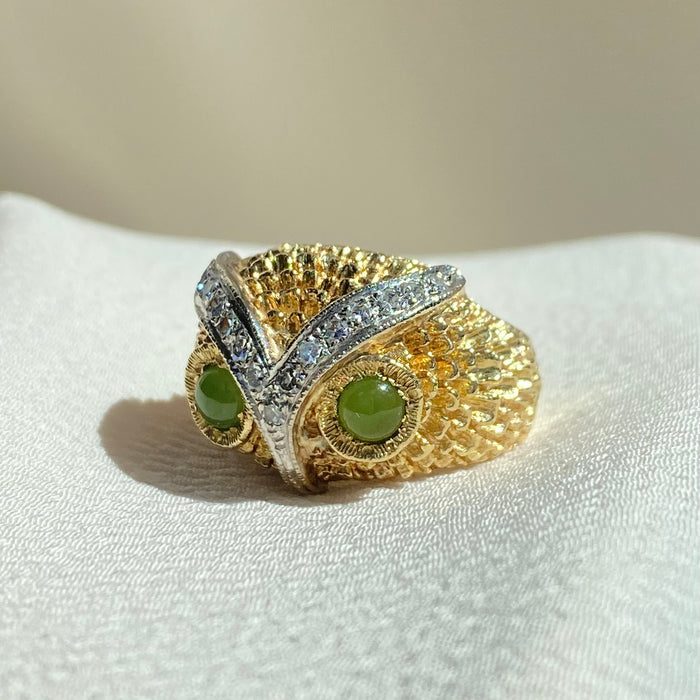14k Vintage Jade and Diamond Owl Ring