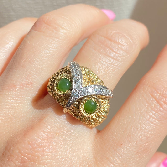 14k Vintage Jade and Diamond Owl Ring