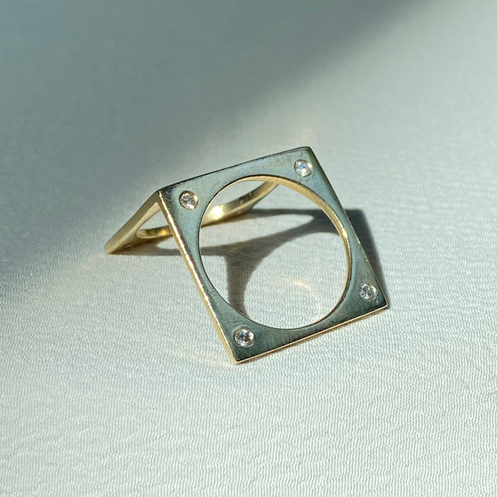 14k Custom Sapphire and Diamond "Contour" Square Ring