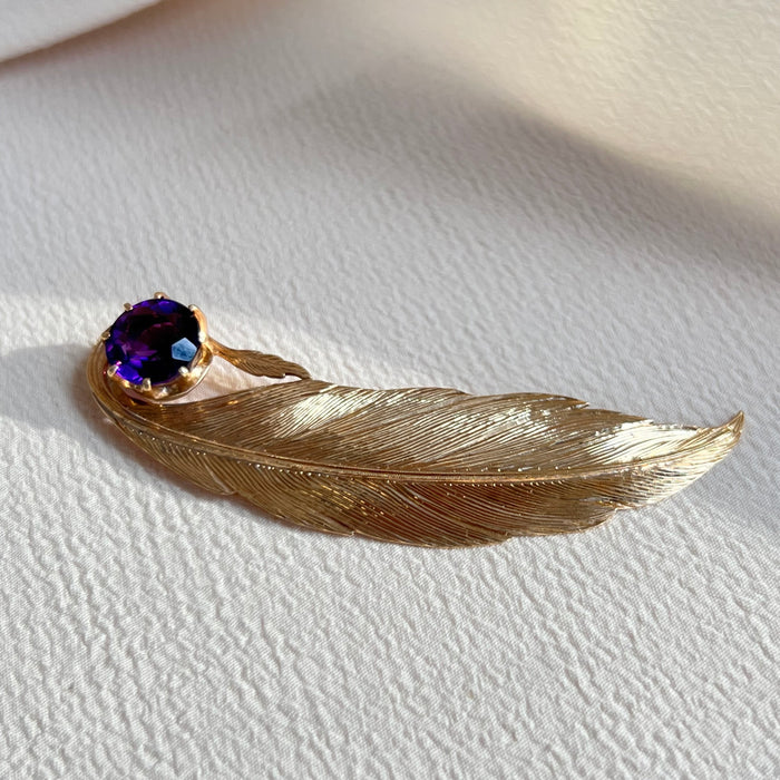 Finely Detailed 14k Amethyst Feather Pendant